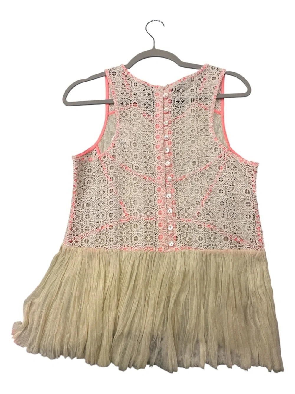 Free People Moonglow Whimsy Top M Ivory Lace Embroidered Boho Fringe Tank